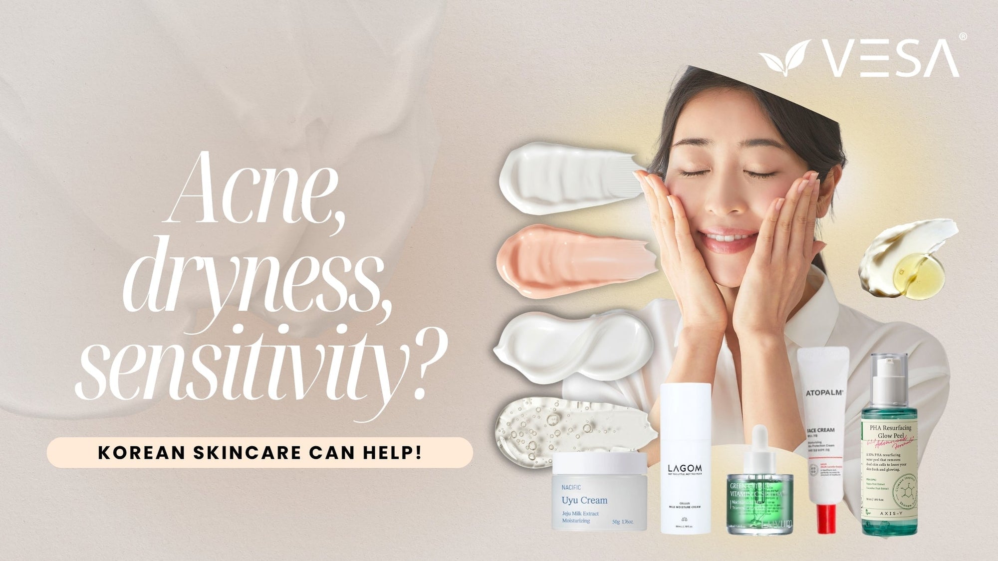 Niche Korean skincare products for acne, dry and sensitive skin in the UK, focused on hydration and barrier repair.