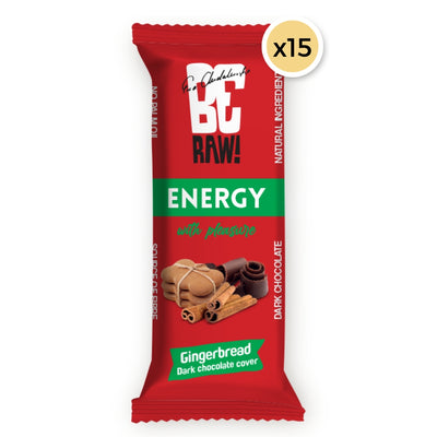 15x Be Raw Energy Bar - Gingerbread - Dark Chocolate cover 40g - VESA UK