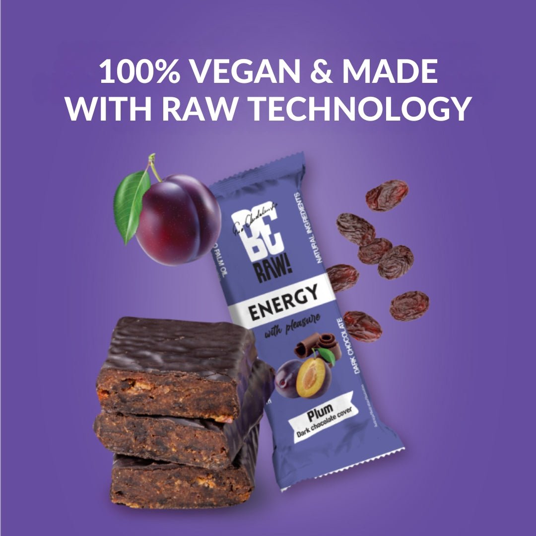 15x Energy Bar - Plum dark chocolate cover 40g - Be Raw - Vesa Beauty