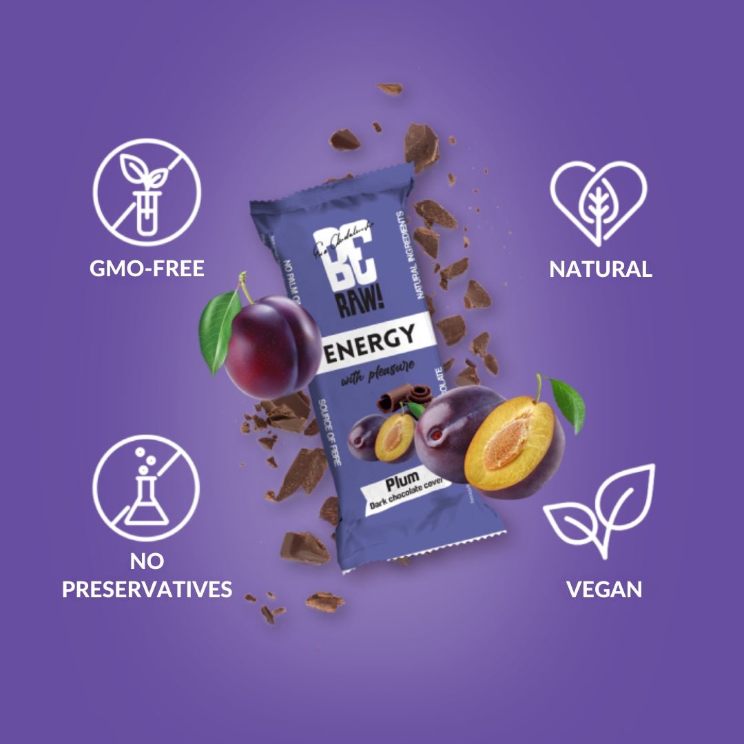 15x Energy Bar - Plum dark chocolate cover 40g - Be Raw - Vesa Beauty