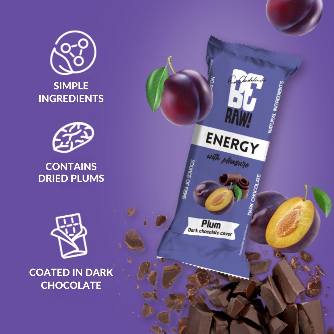 15x Energy Bar - Plum dark chocolate cover 40g - Be Raw - Vesa Beauty