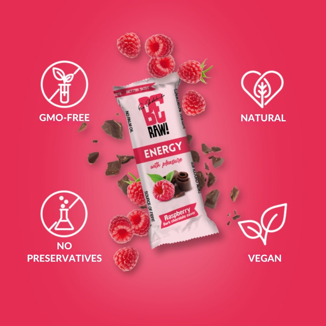 15x Energy Bar - Raspberry Dark chocolate cover 40g - Be Raw - Vesa Beauty