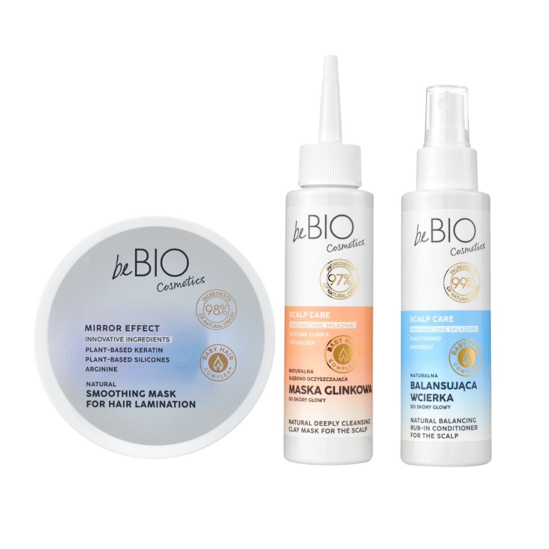 Baby Hair Complex SET: Mask MIRROR EFFECT 200ml + Clay Mask SCALP CARE 100ml + FREE Scalp Rub - in Conditioner 100ml - beBIO Ewa Chodakowska - Vesa Beauty