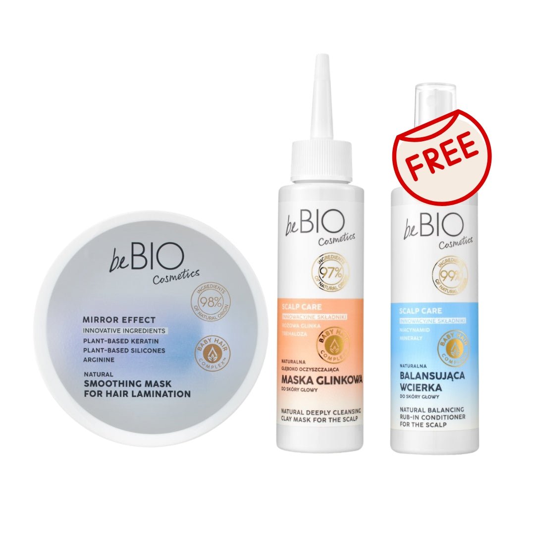 Baby Hair Complex SET: Mask MIRROR EFFECT 200ml + Clay Mask SCALP CARE 100ml + FREE Scalp Rub - in Conditioner 100ml - beBIO Ewa Chodakowska - Vesa Beauty