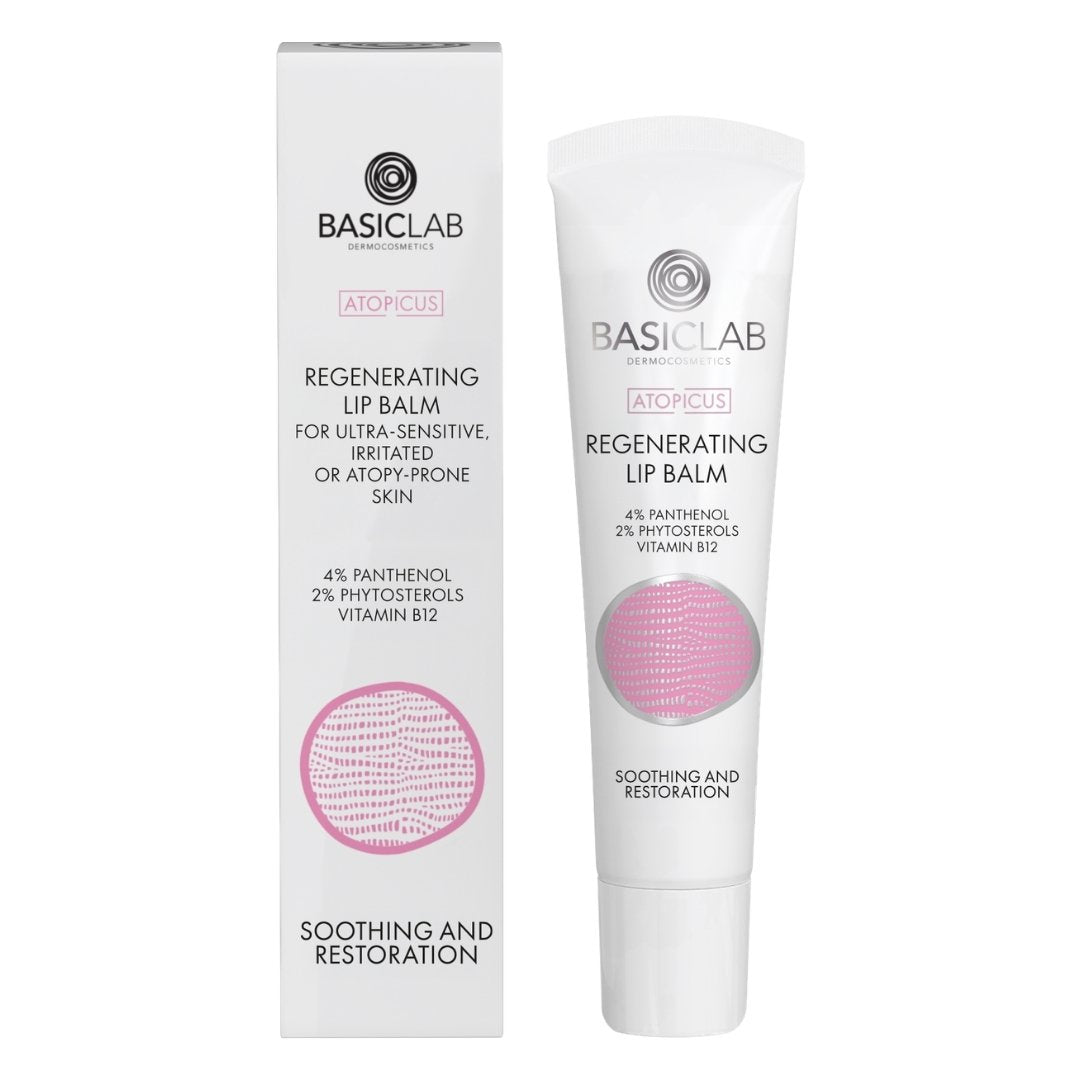Natural Cosmetics BasicLab ATOPICUS Regenerating Lip Balm for ultra-sensitive, irritated or atopy-prone skin, 4% panthenol, 2% phytosterols, vitamin B12 15ml