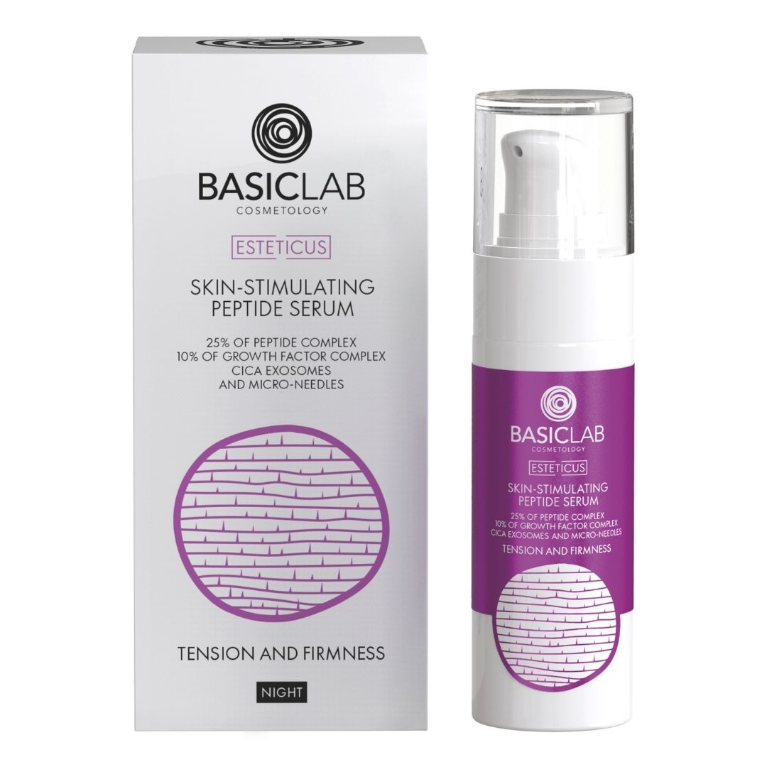 Natural Cosmetics ESTETICUS Skin-Stimulating peptide face serum for night, 25% peptide complex, 10% growth factor complex, CICA exosomes & micro-needles 30ml