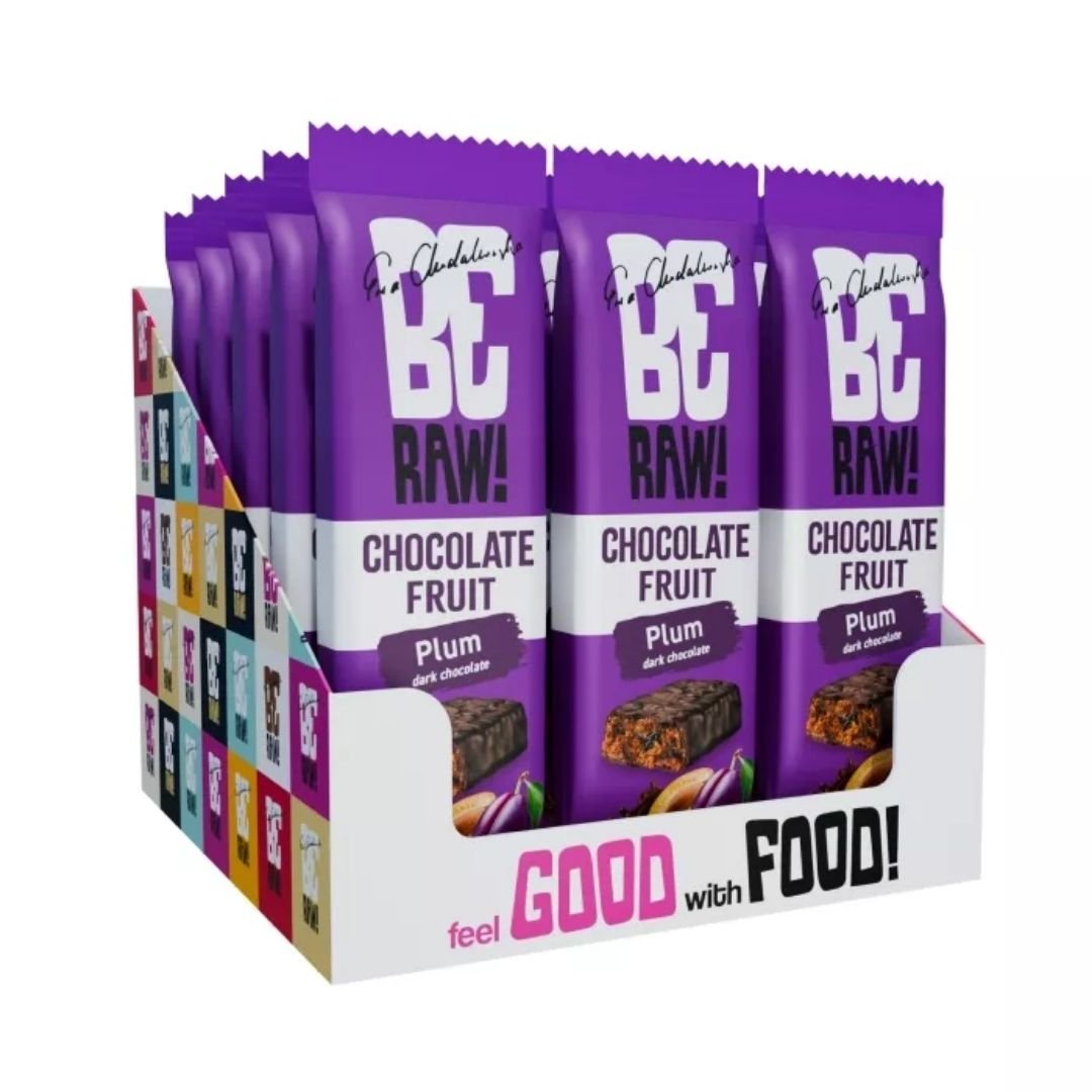 Chocolate Fruit Bar - Plum in dark chocolate cover 40g x15 - Be Raw - Vesa Beauty