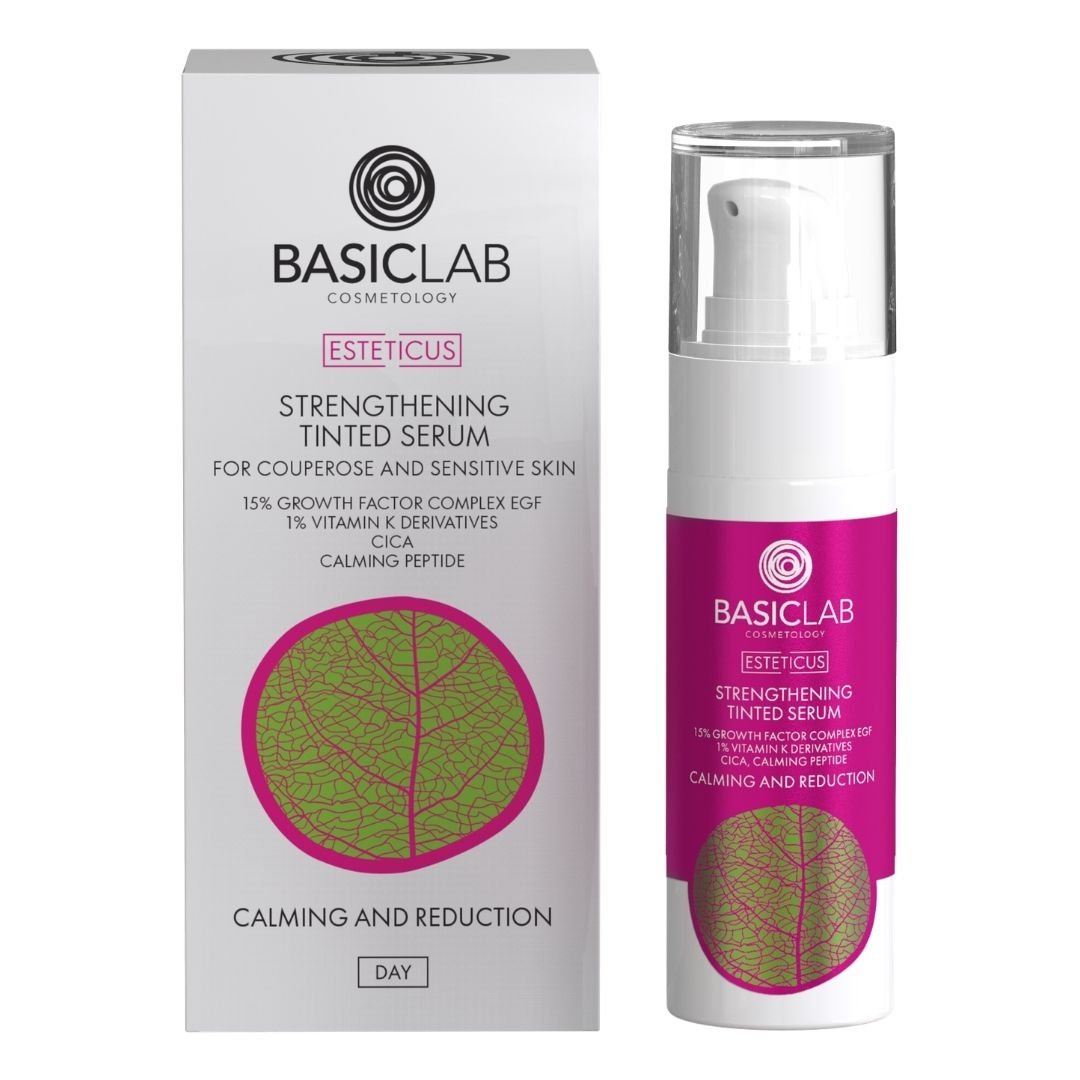 ESTETICUS Strengthening Tinted Serum for Sensitive & Capillary Skin – 15% EGF Growth Factor Complex, 1% Vitamin K Derivatives, CICA & Soothing Peptide 30ml - BasicLab - Vesa Beauty
