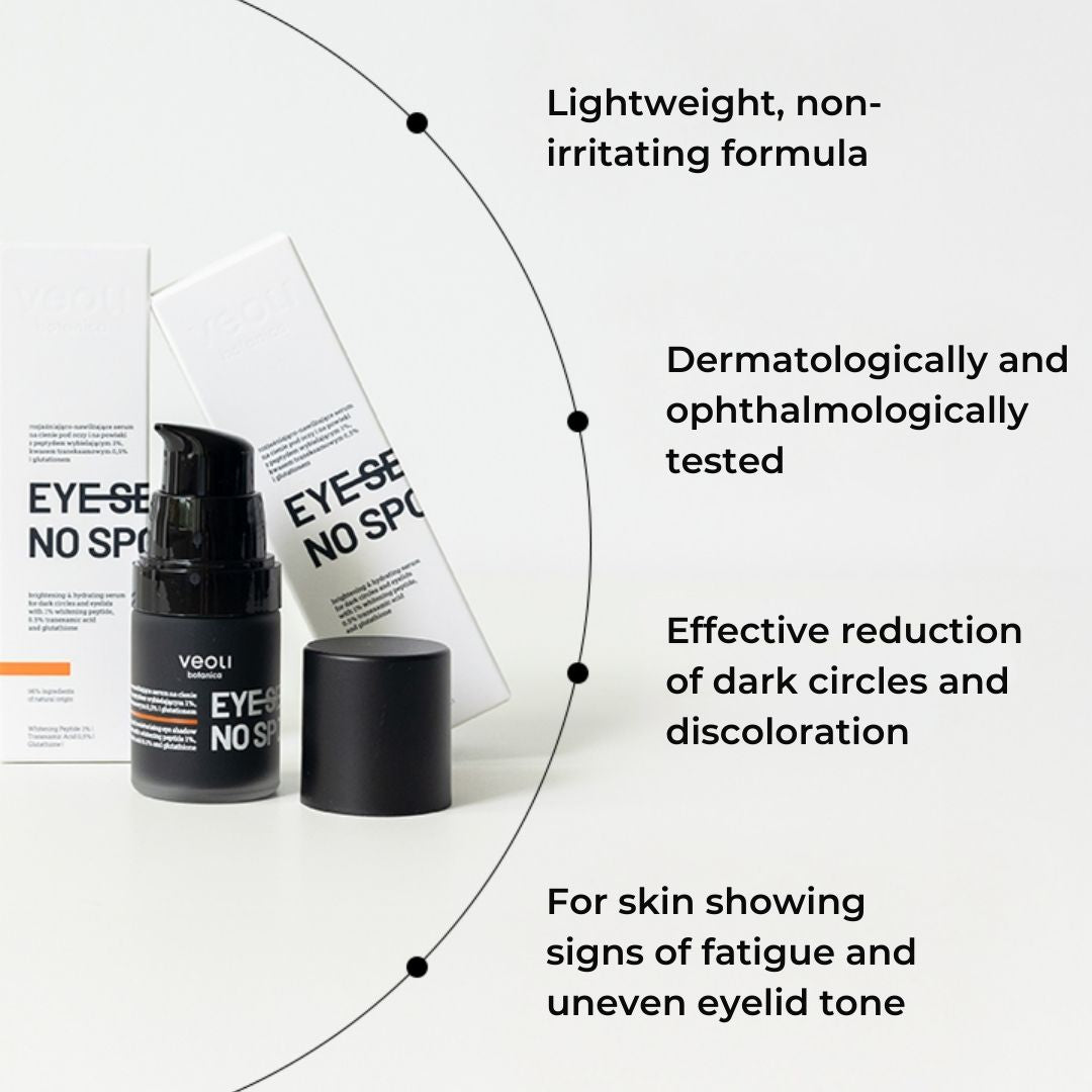 EYE SEE NO SPOTS brightening & hydrating serum for dark circles & eyelids with 1% whitening peptide, 0.5% tranexamic scid & glutathione 15ml - Veoli Botanica - Vesa Beauty