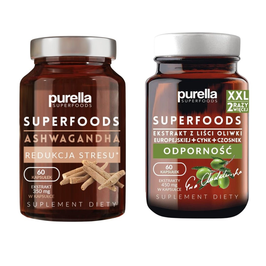 Food Supplements SET 1+1 FREE: Ashwagandha 60caps + European Olive Leaf extract +Zinc +Garlic 60caps - Purella Superfoods - Vesa Beauty