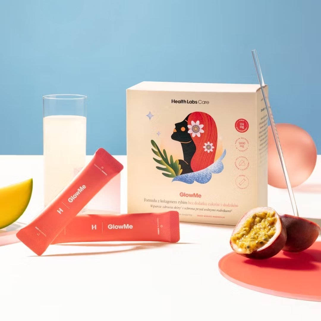 GlowMe (mango - passion fruit flavour) - Formula with fish collagen, no added sugars or sweeteners 30sachets - HealthLabs Care - Vesa Beauty