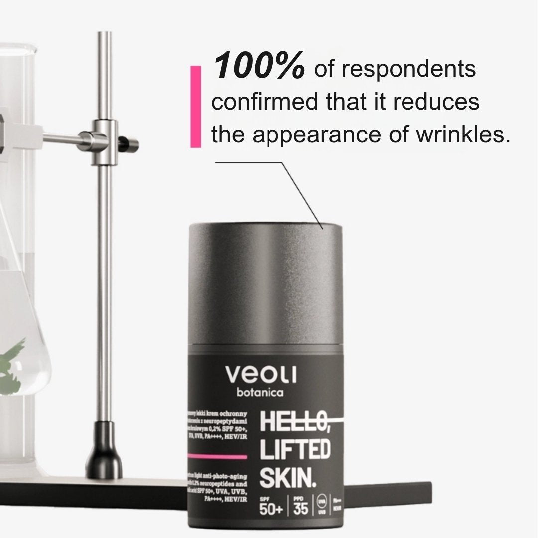 HELLO, LIFTED SKIN Broad - spectrum light anti - photo - aging cream with 0.2% neuropeptides & 0.2% ferulic acid SPF50+, UVA, UVB, PA++++, HEV/IR 50ml - Veoli Botanica - Vesa Beauty