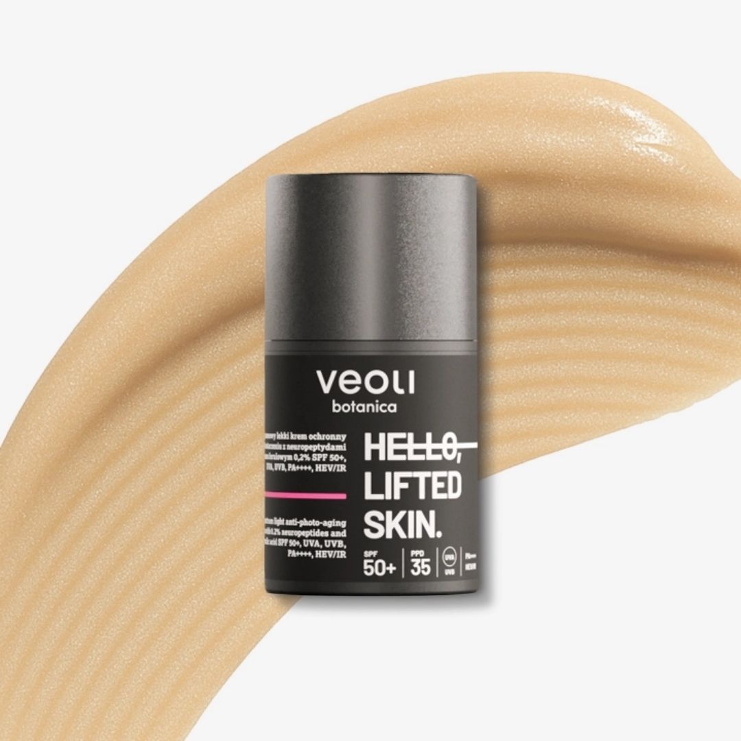 HELLO, LIFTED SKIN Broad - spectrum light anti - photo - aging cream with 0.2% neuropeptides & 0.2% ferulic acid SPF50+, UVA, UVB, PA++++, HEV/IR 50ml - Veoli Botanica - Vesa Beauty