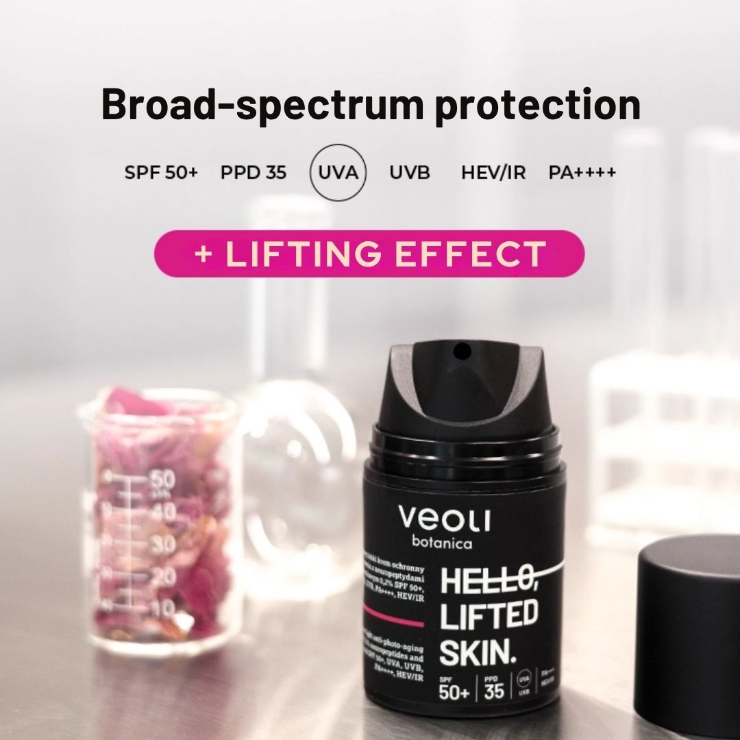HELLO, LIFTED SKIN Broad - spectrum light anti - photo - aging cream with 0.2% neuropeptides & 0.2% ferulic acid SPF50+, UVA, UVB, PA++++, HEV/IR 50ml - Veoli Botanica - Vesa Beauty
