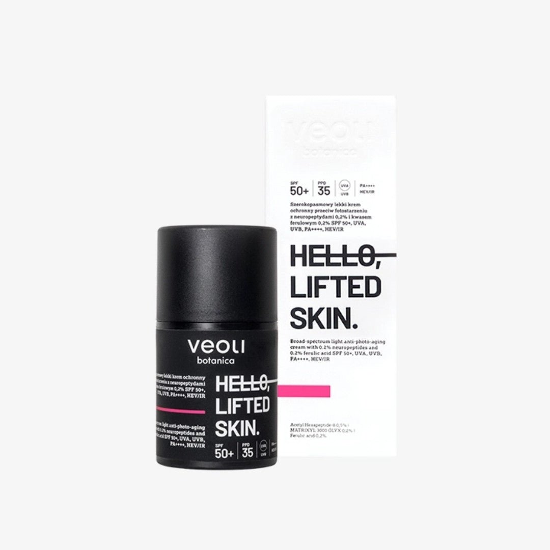 HELLO, LIFTED SKIN Broad - spectrum light anti - photo - aging cream with 0.2% neuropeptides & 0.2% ferulic acid SPF50+, UVA, UVB, PA++++, HEV/IR 50ml - Veoli Botanica - Vesa Beauty