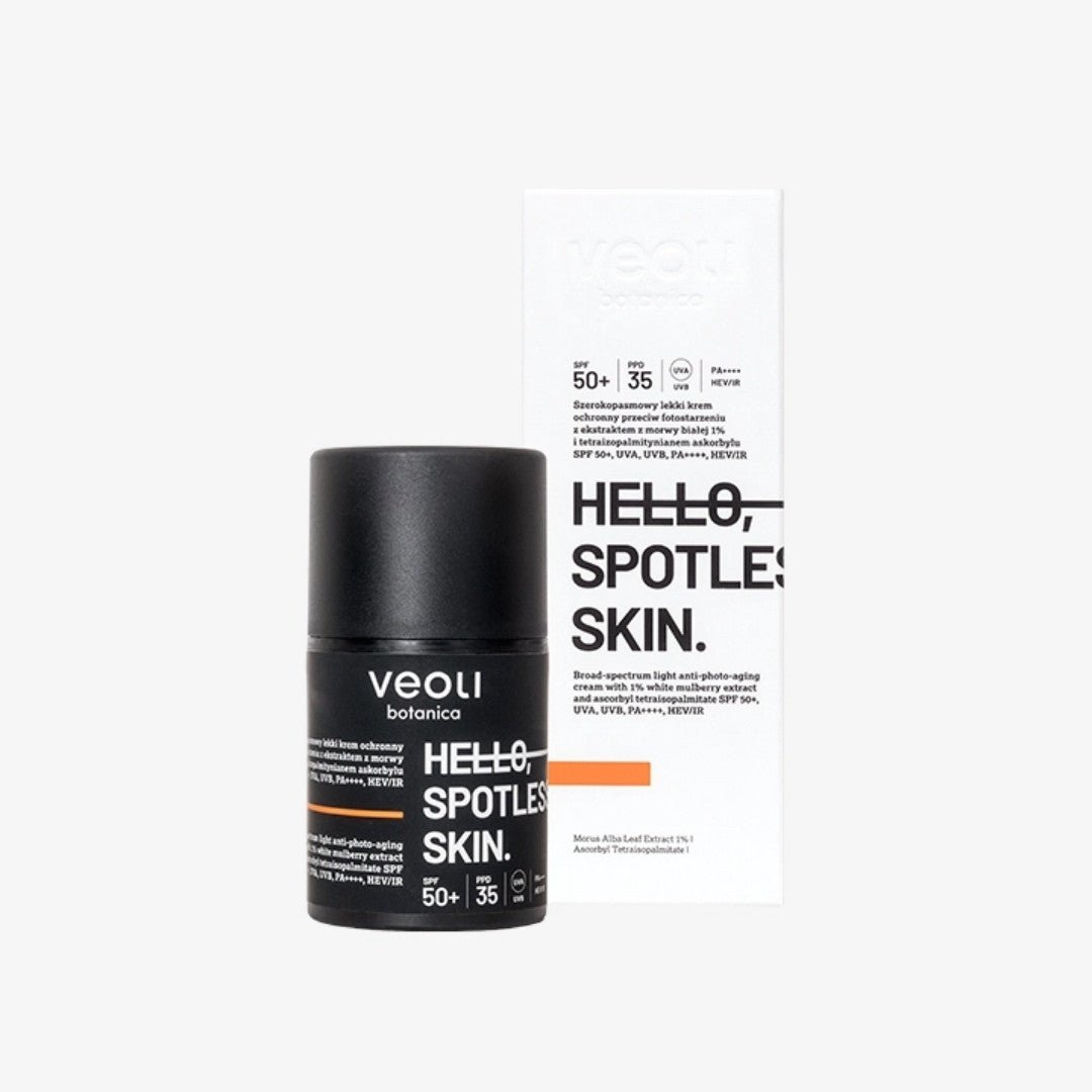 HELLO, SPOTLESS SKIN Broad - spectrum light anti - photo - aging cream with 1% white mullberry extract & ascorbyl tetraisopalmitate SPF50+, UVA, UVB, PA++++, HEV/IR 50ml - Veoli Botanica - Vesa Beauty