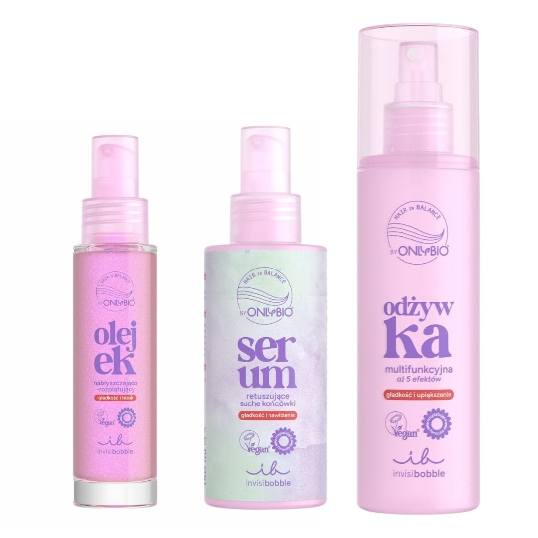 Invisibobble Hair in Balance - Shine & Moisture SET: Hair Oil 50ml +Multi - Tasking Conditioner 200ml +Dry Ends Serum 150ml - OnlyBio - Vesa Beauty