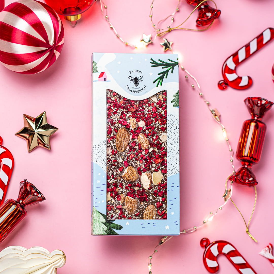 Milk chocolate with freeze - dried raspberries & almonds 85g - Sadowski Bee Gardens - Vesa Beauty