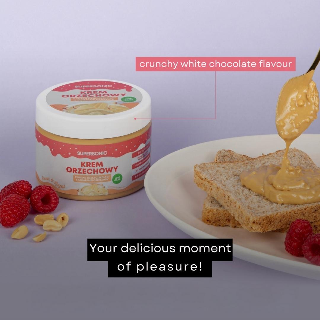 Nut Spread Crunchy LOW - CARB with White Chocolate flavour 250g - SUPERSONIC - Vesa Beauty