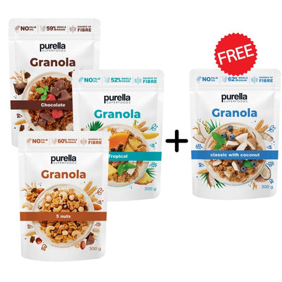 Purella 3+1 FREE Granola MIX: 5Nuts, Tropical, Classic, Chocolate - Purella Superfoods - Vesa Beauty