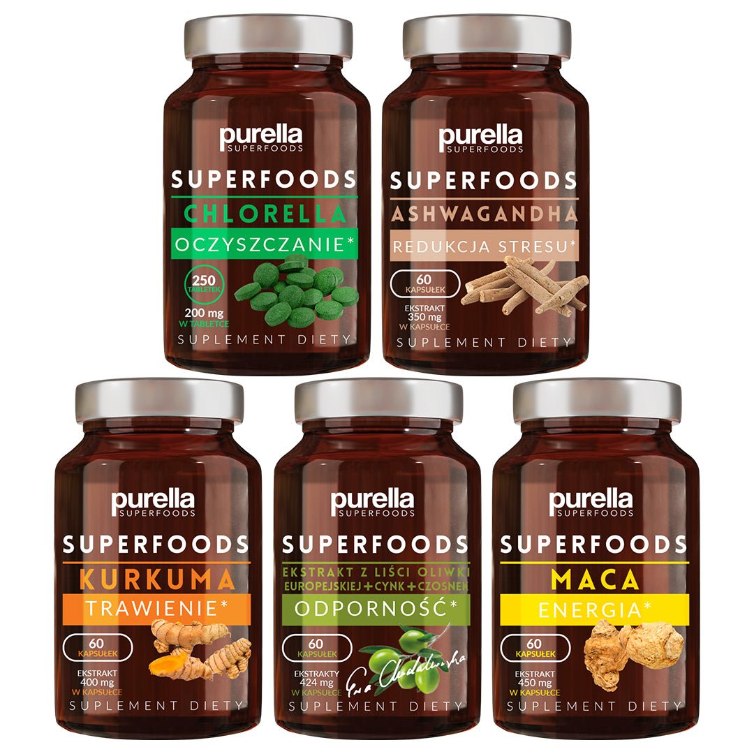 Purella Set of 5 supplements: 1xMaca, 1xTurmeric, 1xAshwagandha, 1xImmunity, 1xChlorella - Purella Superfoods - Vesa Beauty