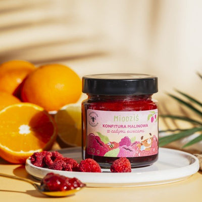 Sadowski Bee Gardens Raspberry jam with whole fruit - Honey bear 210g - Pasieki Sadowskich - Vesa Beauty