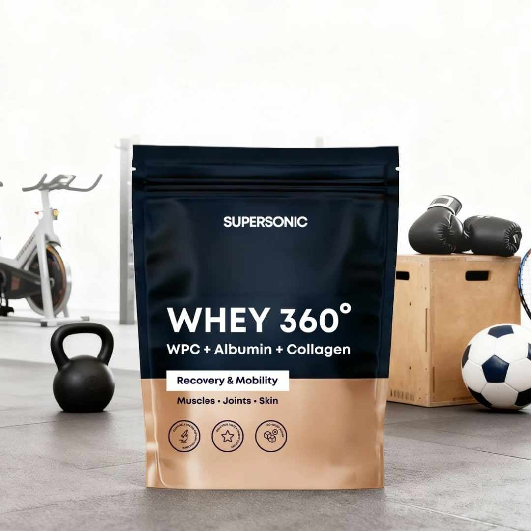 Natural Cosmetics SUPERSONIC Whey 360° WPC +Albumin +Collagen - White chocolate with raspberry 500g