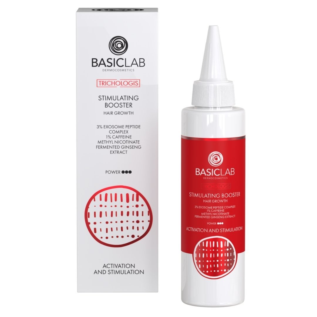 TRICHOLOGIS Stimulating Booster Hair Growth, 3% Exosome peptide complex, 1% Caffeine, Methyl nicotinate, Fermented Ginseng Extract 150ml - BasicLab - Vesa Beauty