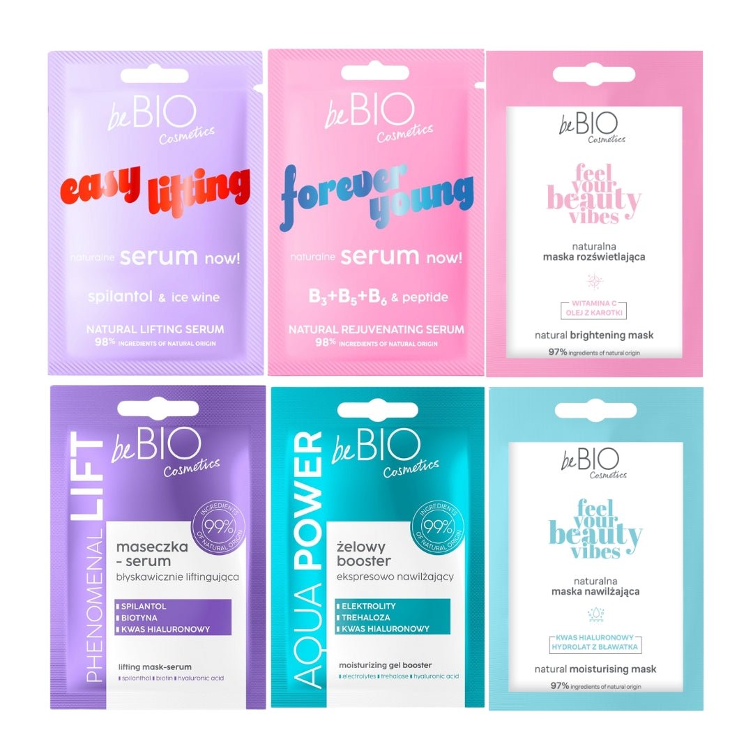 TRY SET 5+1 FREE: FOREVER YOUNG +EASY LIFTING +Aqua Power +Phenomenal Lift +Brightening Mask +Moisturizing Mask - beBIO Ewa Chodakowska - Vesa Beauty